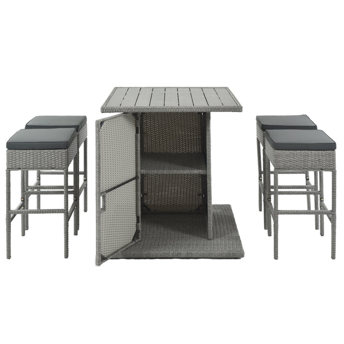 Patio 5-Piece Rattan Dining Table Set, PE Wicker Square Kitchen Table Set with Storage Shelf and 4 Padded Stools for Poolside, Garden, Gray Wicker+Dark Gray Cushion
