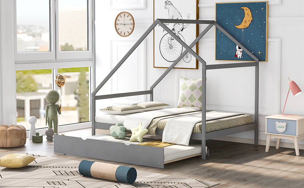 New Space Full Size Wooden House Bed With Twin Size Trundle