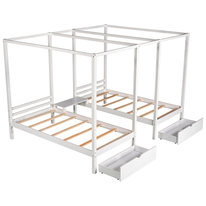 Double Shared Twin Size Canopy Platform Beds with Two Drawers and Built-in Desk