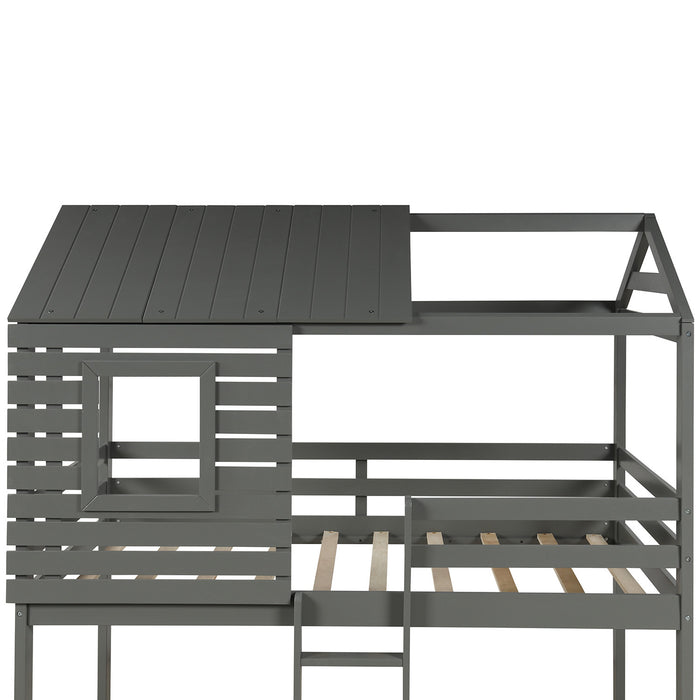 Twin Over Twin Bunk Bed Wood Loft Bed with Roof, Window, Guardrail, Ladder