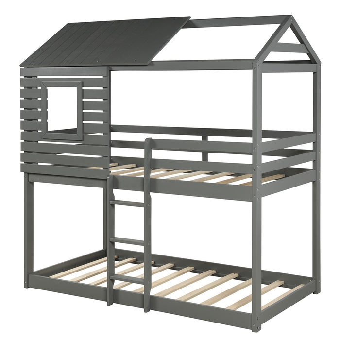 Twin Over Twin Bunk Bed Wood Loft Bed with Roof, Window, Guardrail, Ladder