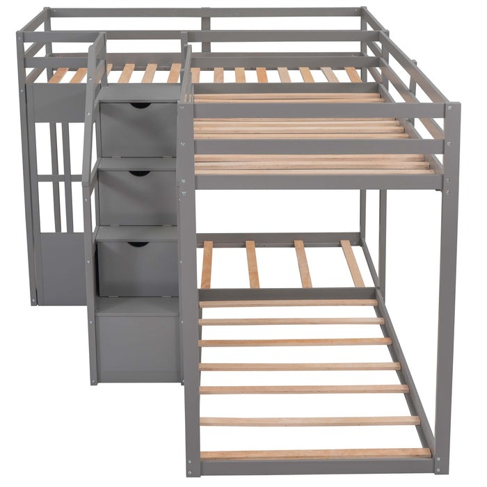 Twin over Twin L-Shaped Bunk Bed with Built-in Middle Staircase
