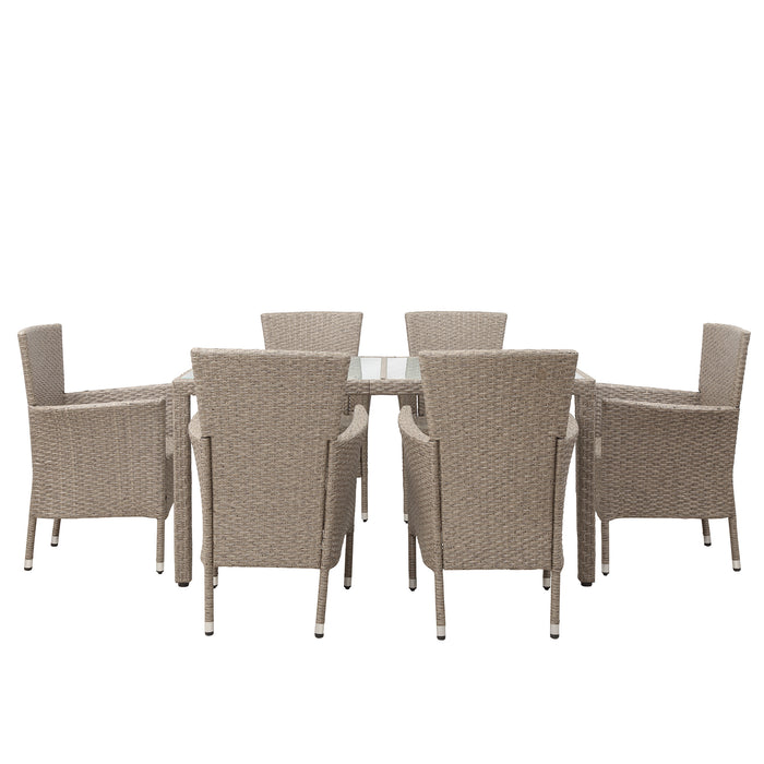 Outdoor Wicker Dining Set, 7 Piece Patio Dinning Table Beige-Brown Wicker Furniture Seating (Beige Cushions)