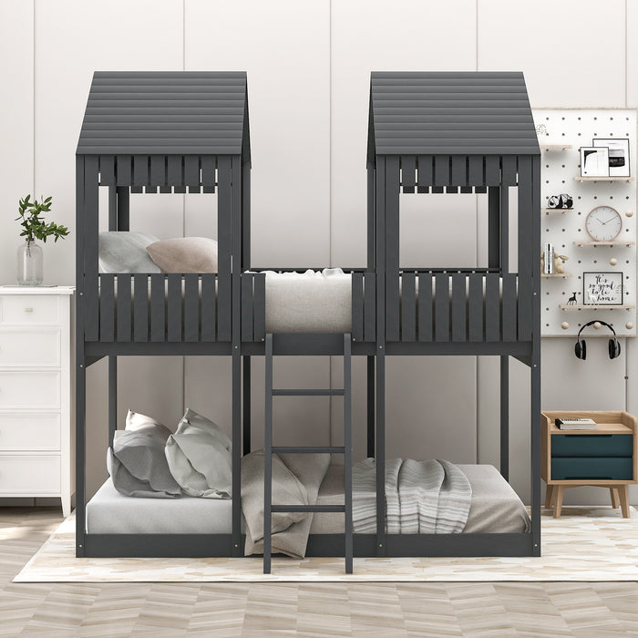 New Space Full Over Full Wood Bunk Bed with Roof Window