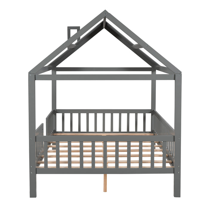 Full Size Wood House Bed with Fence