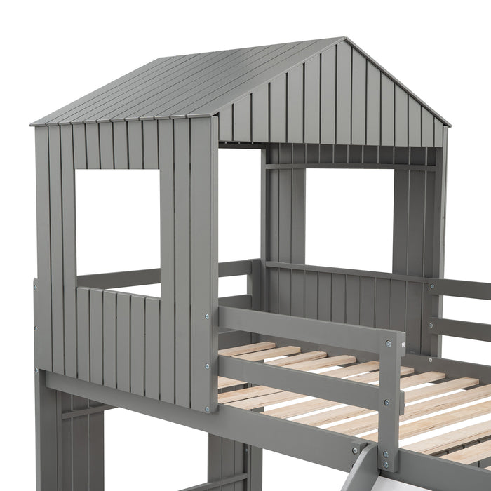 New Space Wooden Twin Over Full Bunk Bed, Loft Bed with Playhouse