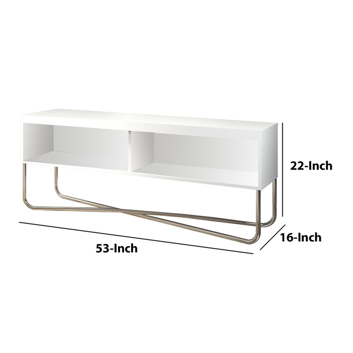 DunaWest 53 Inch TV Stand with 2 Open Compartments and Tubular Metal Frame, White and Chrome