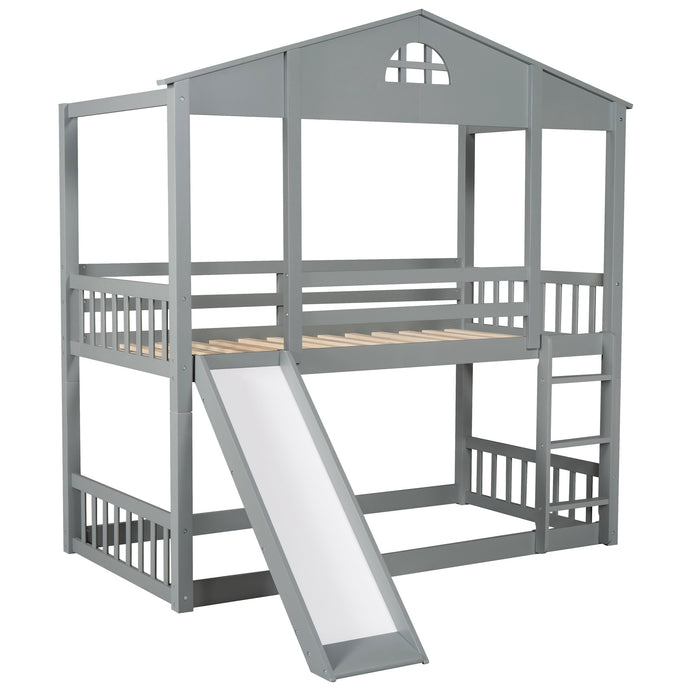 MyRoom Twin Over Twin House Bunk Bed With Convertible Slide And Ladder