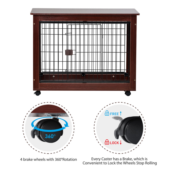 39' Length Furniture Style Pet Dog Crate Cage End Table with Wooden Structure and Iron Wire and Lockable Caters, Medium and Large Dog House Indoor Use.