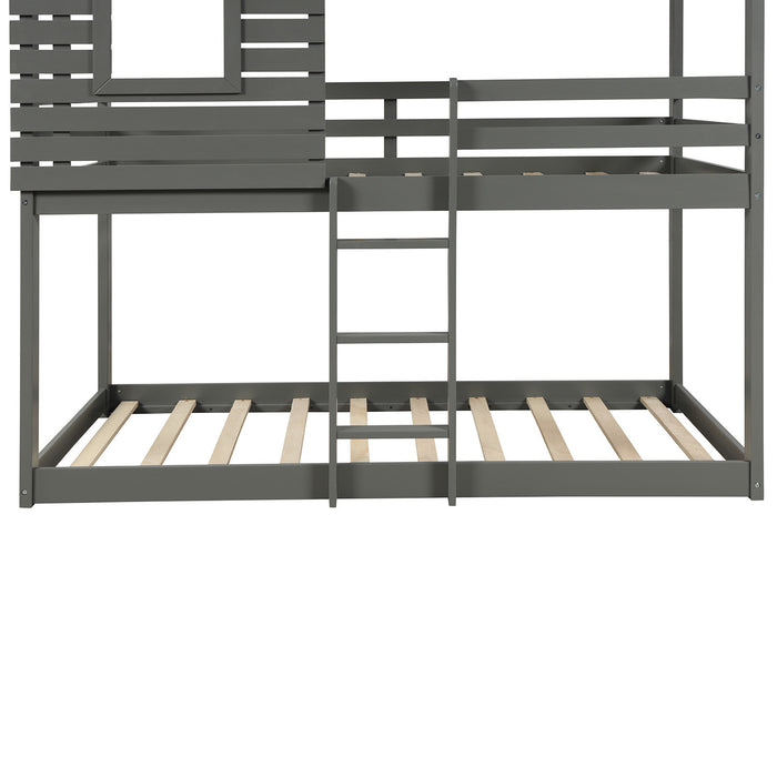 Twin Over Twin Bunk Bed Wood Loft Bed with Roof, Window, Guardrail, Ladder