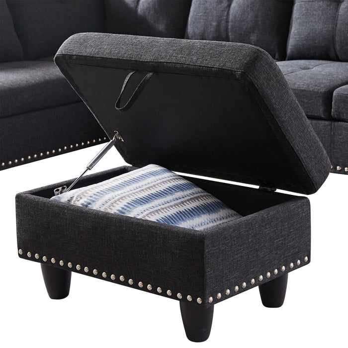 Modern Sectional Sofa Set with Chaise Lounge and Storage Ottoman 6 Seat Corner Sectional Black L Shaped Living Room Couch with Cupholder, Arm with nail, Right chaise