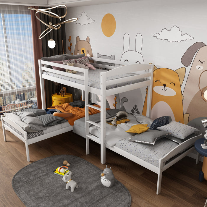 Twin over Twin over Twin Bed L-shaped Bunk Bed, Pine Wood Bed Frame