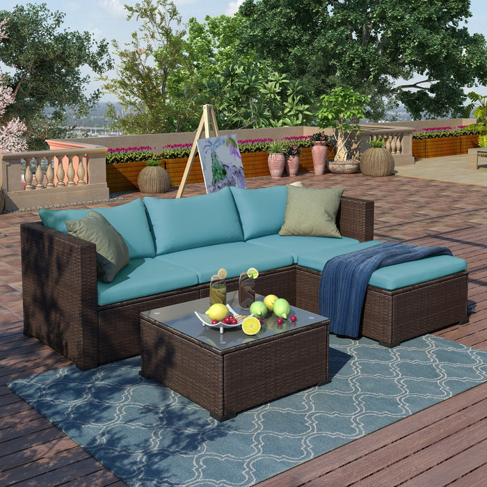 5 Pieces All-Weather Outdoor Sectional Rattan Sofa Wicker Patio Conversation Set with Glass Table and Thick Cushion