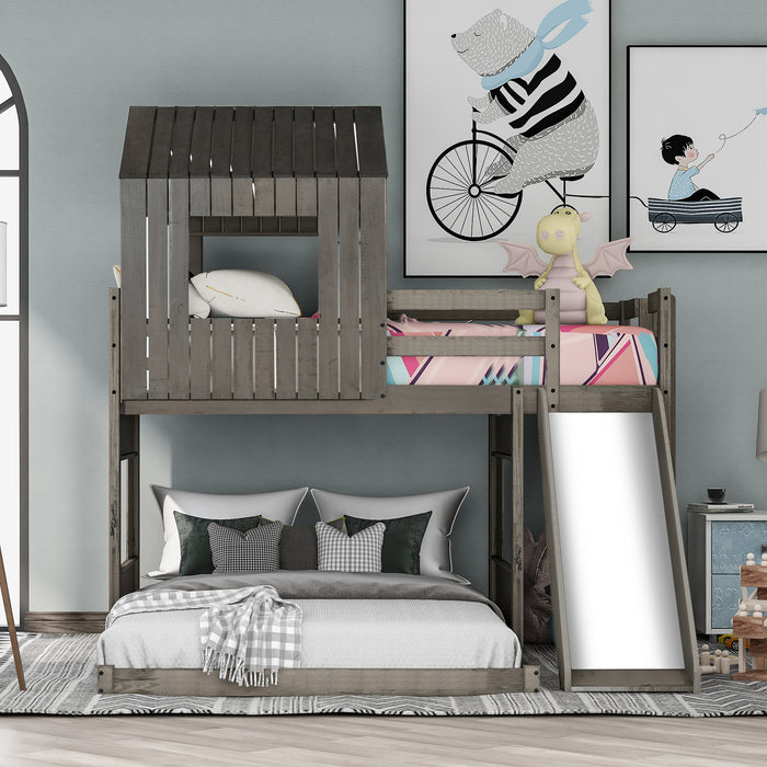 New Space Wooden Twin Over Full Bunk Bed, Loft Bed with Playhouse
