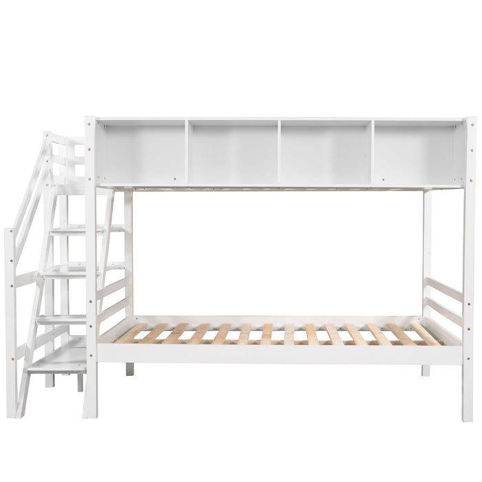 New Space Twin over Full Bunk Bed with Staircase and Built-in Storage Cabinets