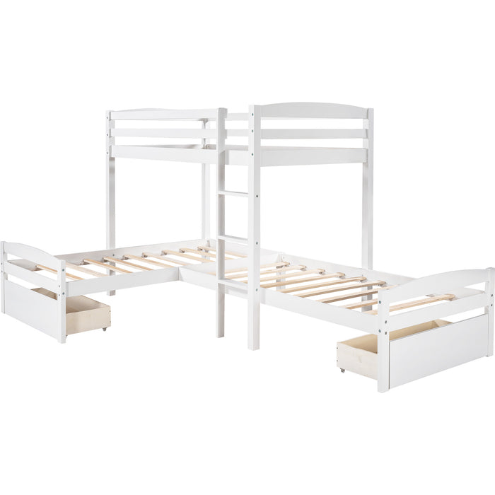 Twin Over Twin L-shaped Bunk Bed with Two Drawers, Pine Wood Bed Frame