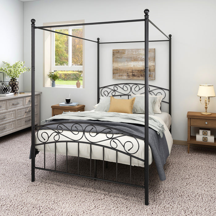 Metal Canopy Bed Frame with Ornate European Style Headboard &amp; Footboard Sturdy Steel Holds 600lbs Perfectly Fits Your Mattress Easy DIY Assembly All Parts Included, Full Black