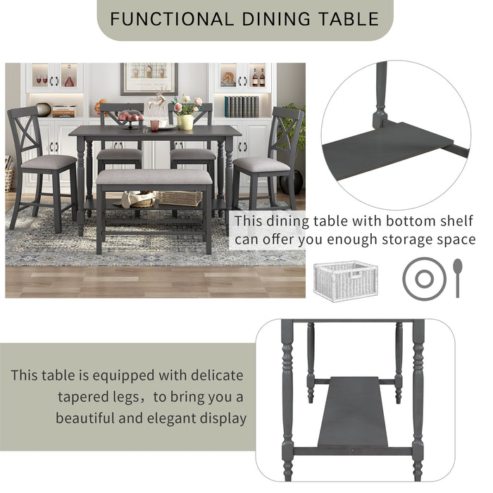 6-Pieces Counter Height Dining Table Set Table with Shelf 4 Chairs and Bench for Dining Room