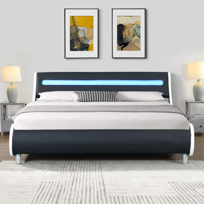 Faux Leather Upholstered Platform Bed Frame with led lighting , Curve Design, Wood Slat Support, No Box Spring Needed, Easy Assemble, Queen Size,