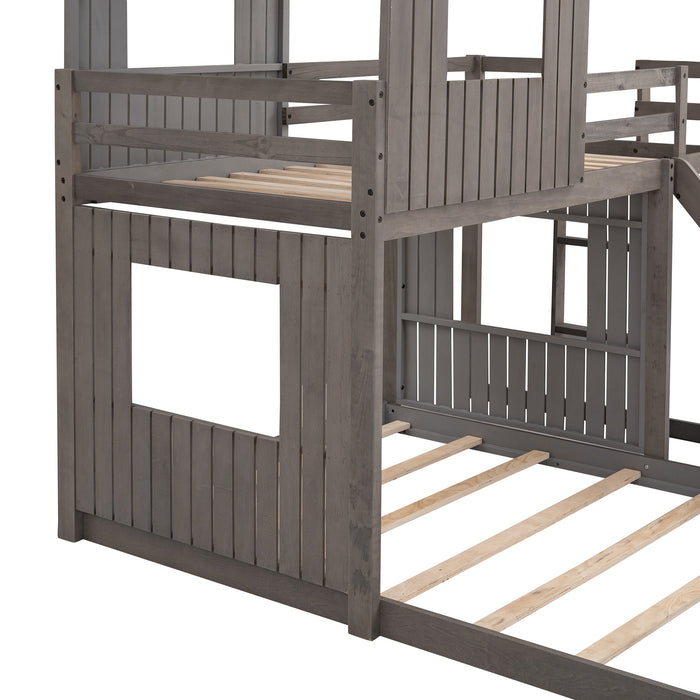New Space Wooden Twin Over Full Bunk Bed, Loft Bed with Playhouse