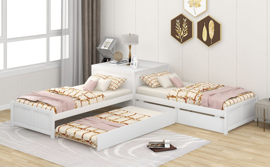 L-shaped Platform Bed with Trundle and Drawers Linked with built-in Flip Square Table,Twin