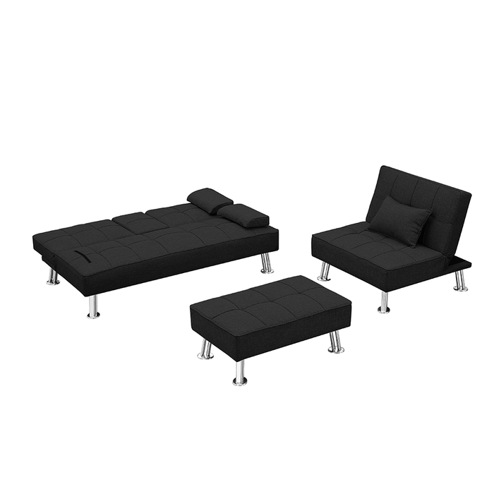 Fabric Folding Sofa Bed with 2 Cup Holders, Removable Armrest and Metal Legs, Single Sofa Bed with Ottoman,3 pcs for 1 sets