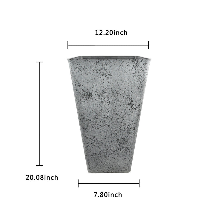 2 Pcs 20"H Tall Planters Plastic Plant Pots with Drainage, 12"W Large Square Tree Pot with Cement Pattern, Cement Gray