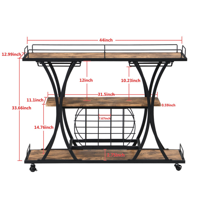 Industrial Black Bar Serving Cart for home with Wine Rack and Glass Holder, 3-tier Shelves, Metal Frame