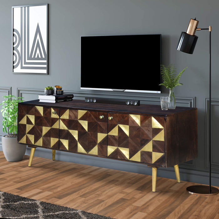 DunaWest 56 Inch Wooden TV Console with Geometric Front 3 Door Cabinets, Dark Brown, Gold