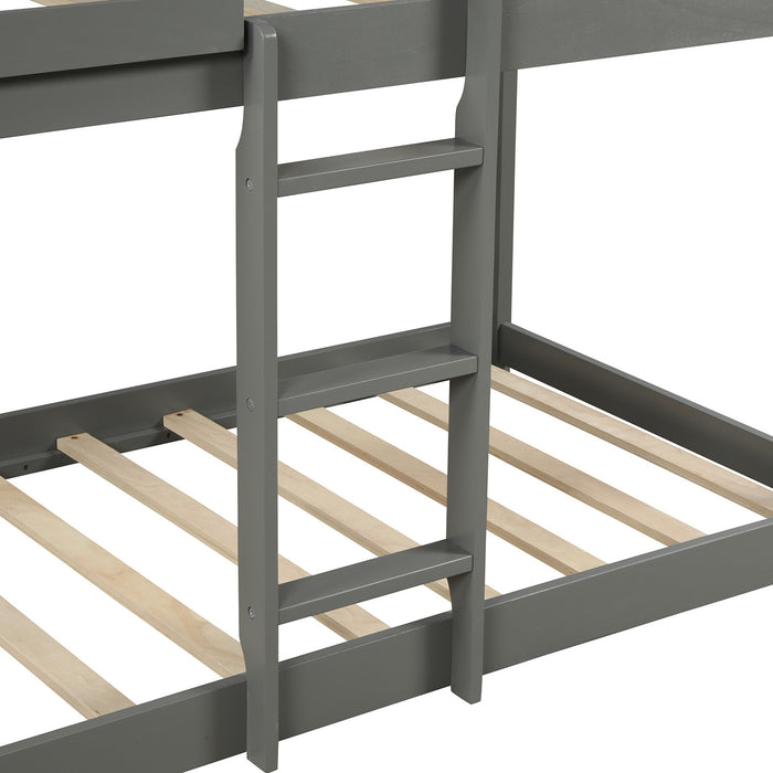 Twin Over Twin Bunk Bed Wood Loft Bed with Roof, Window, Guardrail, Ladder