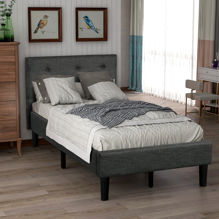 Upholstered Button Tufted Platform Bed with Strong Wood Slat Support (Twin, Gray) RT