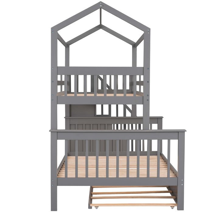Twin over Full House Bunk Bed with Trundle and Staircase,the bed can be Separated into Three Separate Platform Beds
