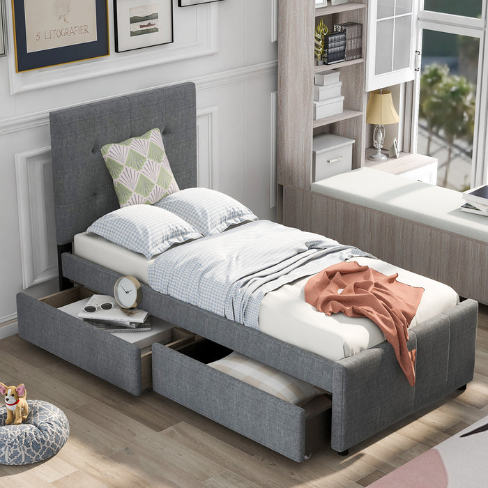 Linen Upholstered Platform Bed With Headboard and Two Drawers, Twin