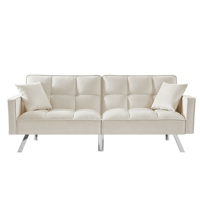Modern Velvet Sofa Couch Bed with Armrests and 2 Pillows for Living Room and Bedroom .(White)