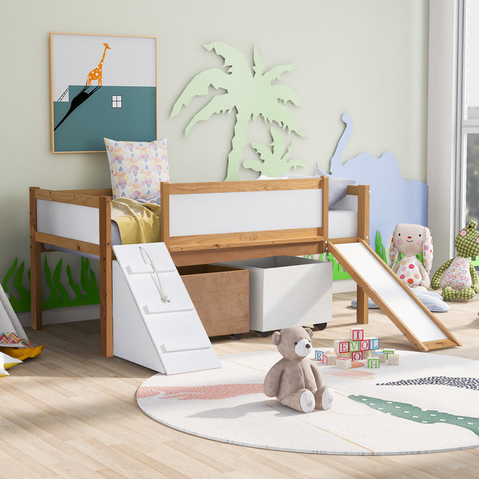 New Space Twin size Low Loft Bed Wooden Bed with Two Storage Boxes