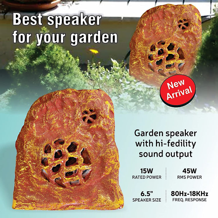 6.5 Inch Outdoor Garden Speakers System Rock Shaped Backyard Patio 45 Watt RMS Water Resistant + LMT 5Core GS Rock