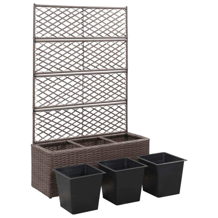 Trellis Raised Bed with 3 Pots 32.7"x11.8"x51.2" Poly Rattan Brown