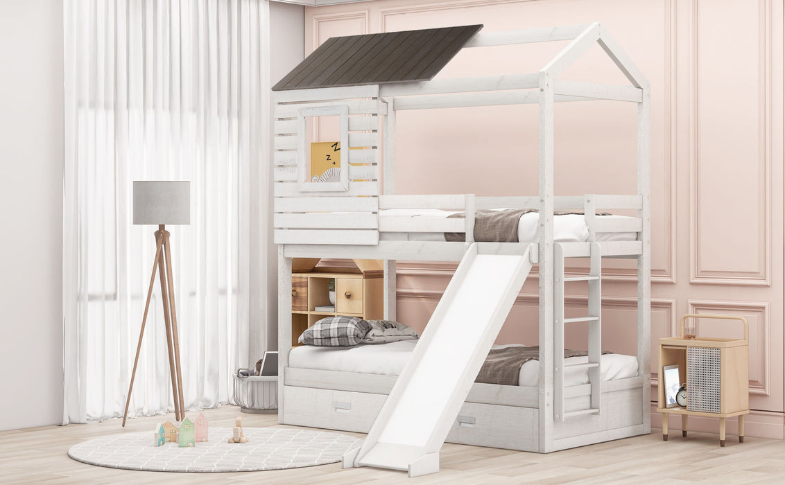 Twin Over Twin Bunk Bed with Two Storage Drawers and Slide, House-Shaped Wood Bunk Bed