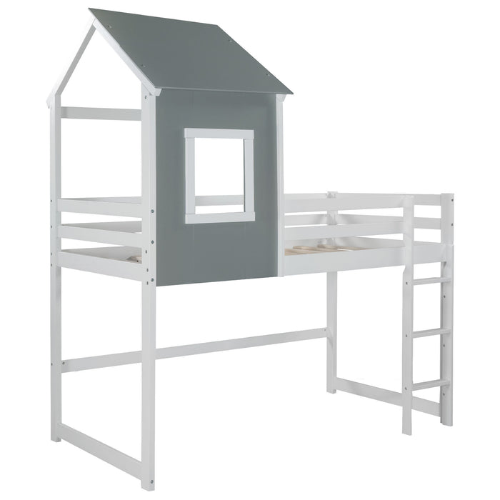 Twin Size Loft Bed with Roof, House Bed, Gray and White