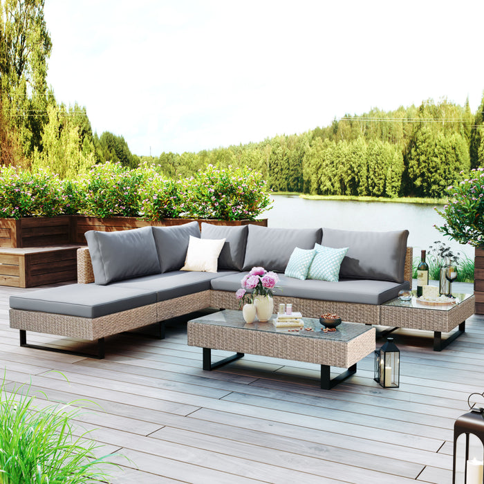 3-piece Outdoor Wicker Sofa Patio Furniture Set, L-shaped Corner Sofa, Water And UV Protected, Two Glass Table, Adjustable Feet And 3.1" Thicker Cushion, Light Gray Cushion and Beige Wicker