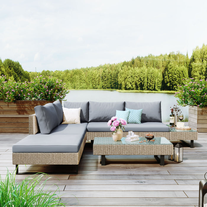 3-piece Outdoor Wicker Sofa Patio Furniture Set, L-shaped Corner Sofa, Water And UV Protected, Two Glass Table, Adjustable Feet And 3.1" Thicker Cushion, Light Gray Cushion and Beige Wicker