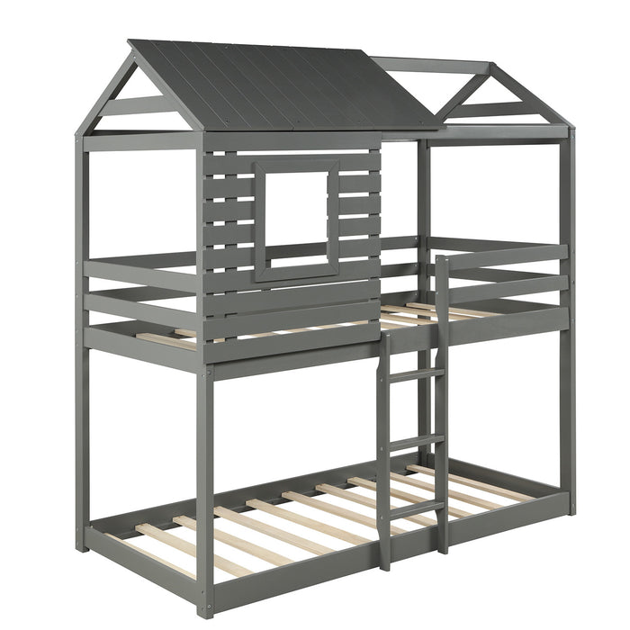 Twin Over Twin Bunk Bed Wood Loft Bed with Roof, Window, Guardrail, Ladder