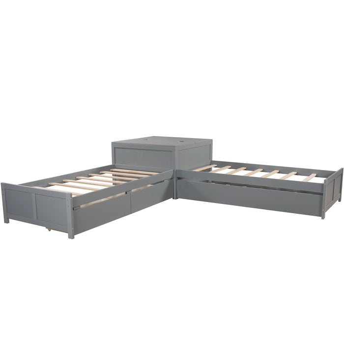 L-shaped Platform Bed with Trundle and Drawers Linked with built-in Flip Square Table,Twin