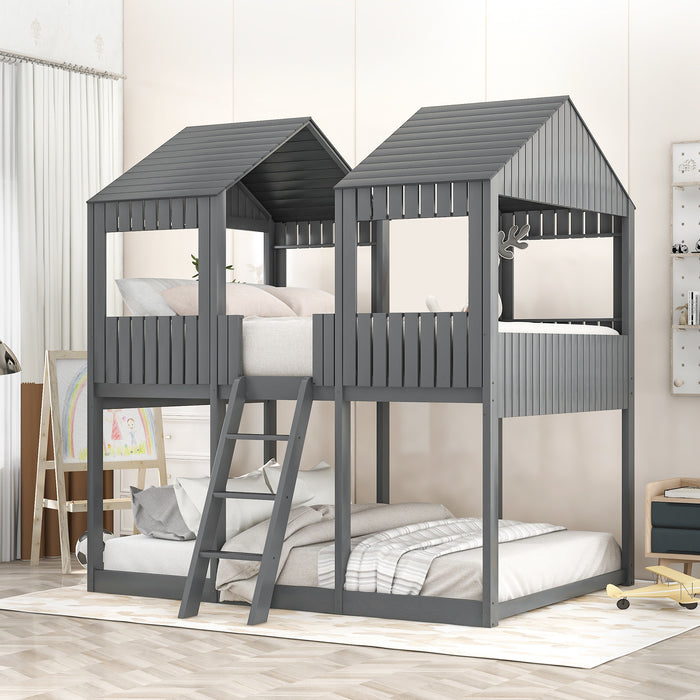 New Space Full Over Full Wood Bunk Bed with Roof Window