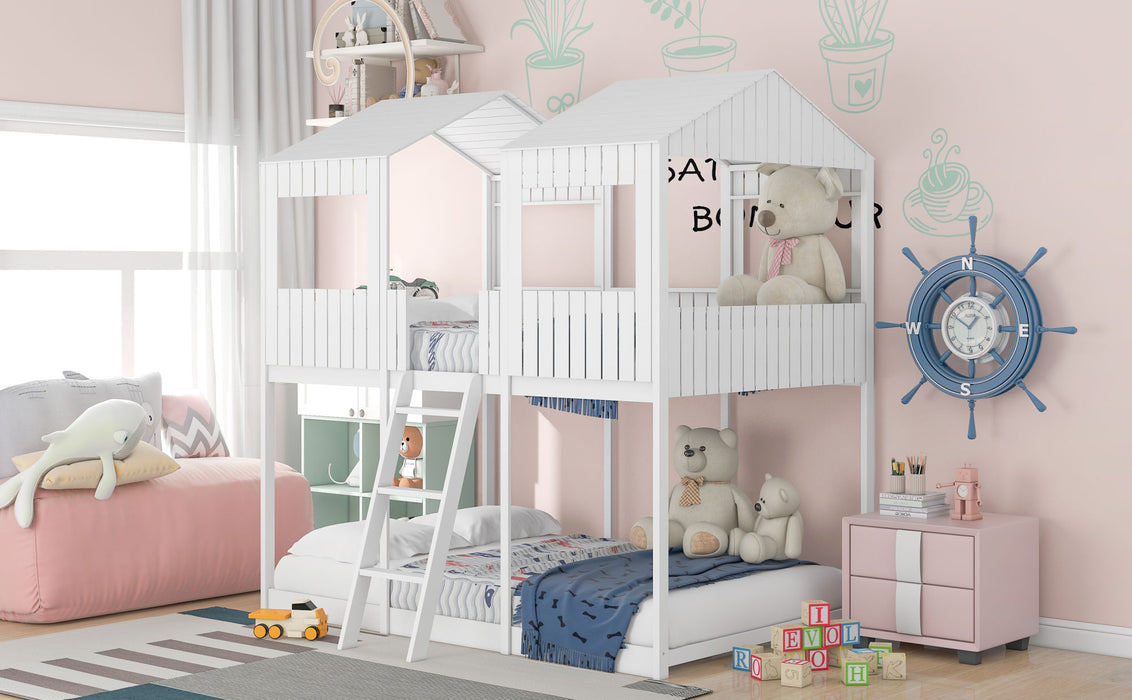 New Space Full Over Full Wood Bunk Bed with Roof Window