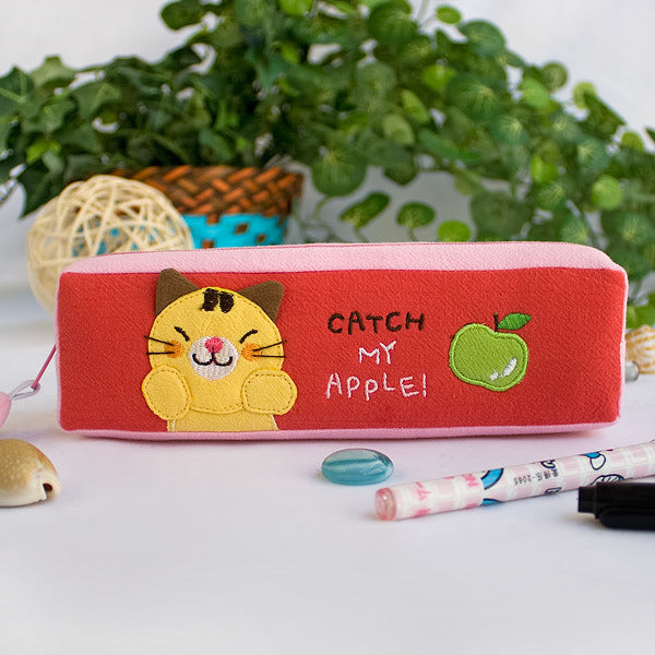 [Catch My Apple] Embroidered Applique Pencil Pouch Bag / Cosmetic Bag / Carrying Case (7.5*2.2*1.6)