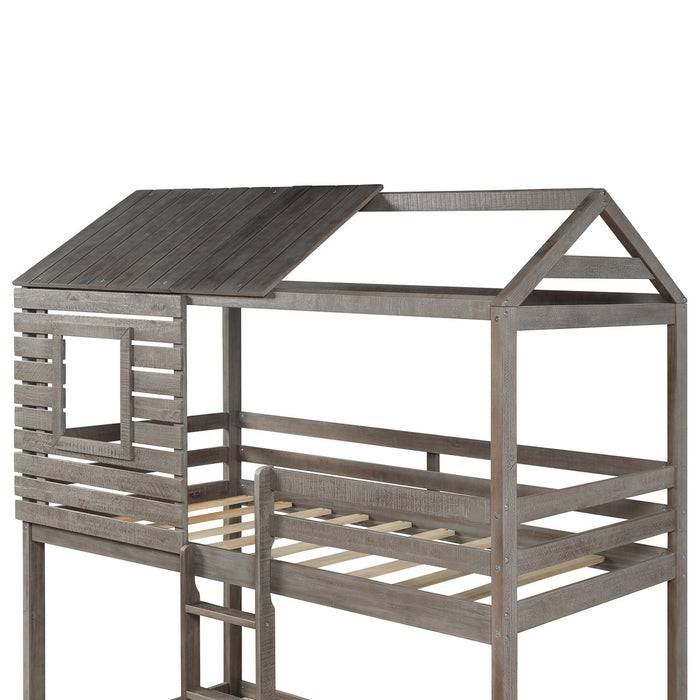 Twin Over Twin Bunk Bed Wood Loft Bed with Roof, Window, Guardrail, Ladder