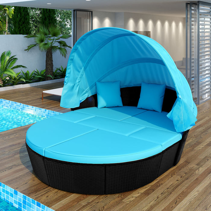 Outdoor rattan daybed sunbed with Retractable Canopy Wicker Furniture, Round Outdoor Sectional Sofa Set, black Wicker Furniture Clamshell Seating with Washable Cushions, Backyard, Porch