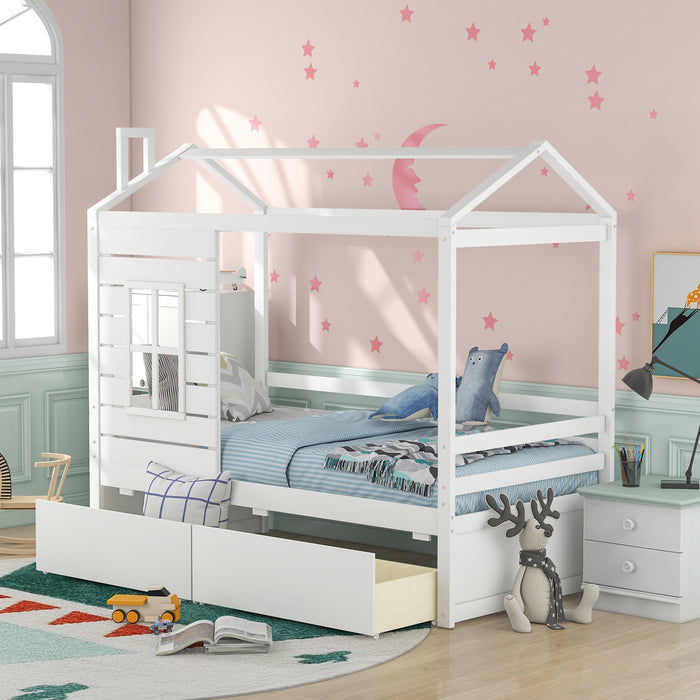 Twin Size House Bed Wood Bed with Two Drawers