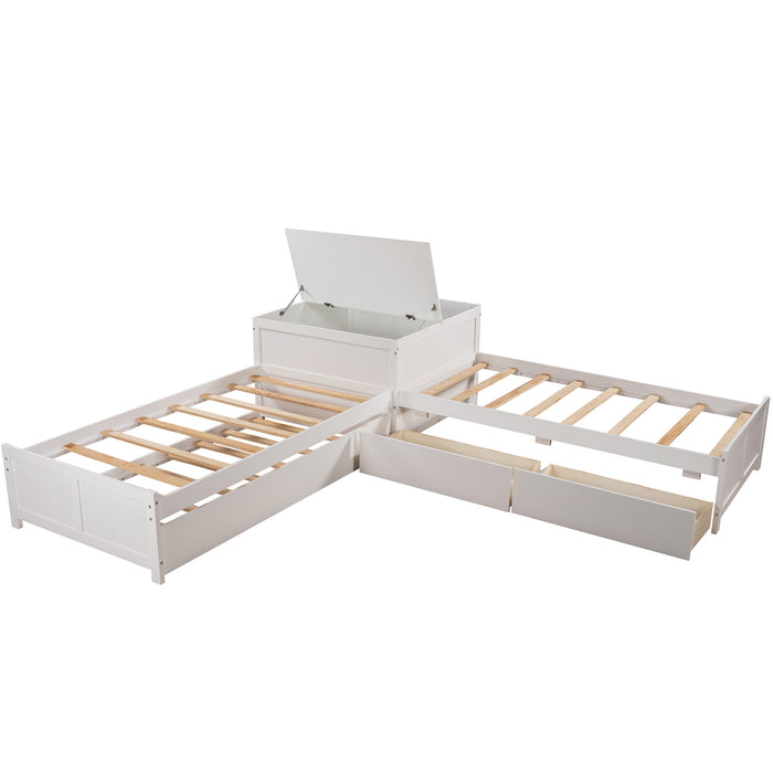 L-shaped Platform Bed with Trundle and Drawers Linked with built-in Flip Square Table,Twin